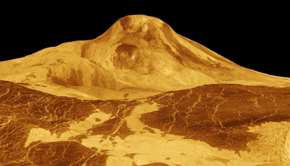 Dette er den 8.000 meter høye vulkanen Maat Mons på Venus. Dette bildet er konstruert ved hjelp av radarmålinger gjort av sonden Magellan.