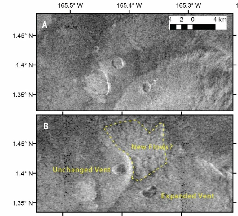 Skjermdump fra studien. Her ser forskerne et område på rundt 2,2 kvadratkilometer som er endret (nederste bilde), kanskje på grunn av lava som flyter ut av en vulkan.