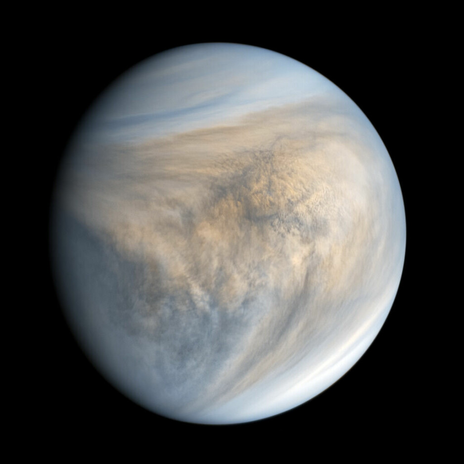 Venus sett i ultrafiolett lys. Da kommer noen detaljer fram i det tykke skylaget.