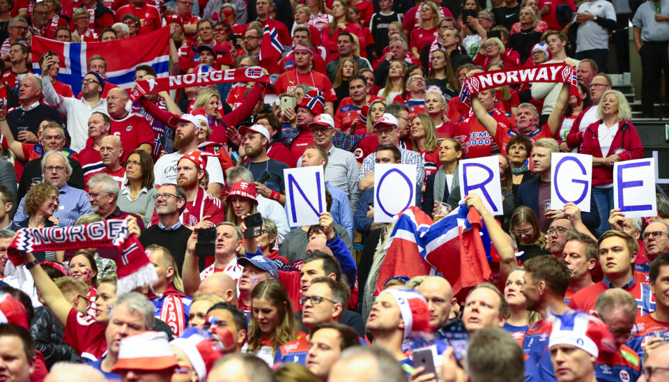 Norske supportere under VM kampen mellom Danmark og Norge i Håndball-VM 2019.