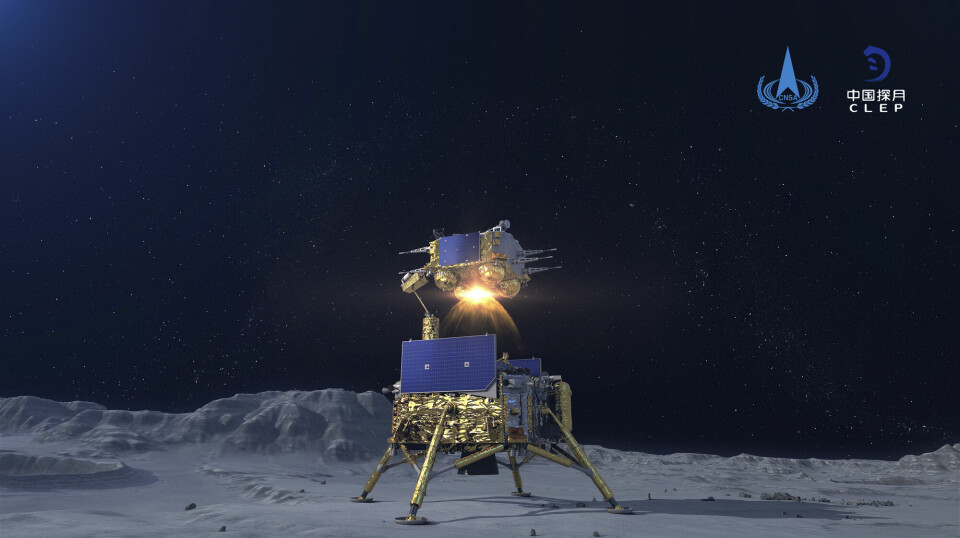 Grafikken viser Chang'e 5-landeren som sender prøven med månestøv tilbake til jorden i 2020.