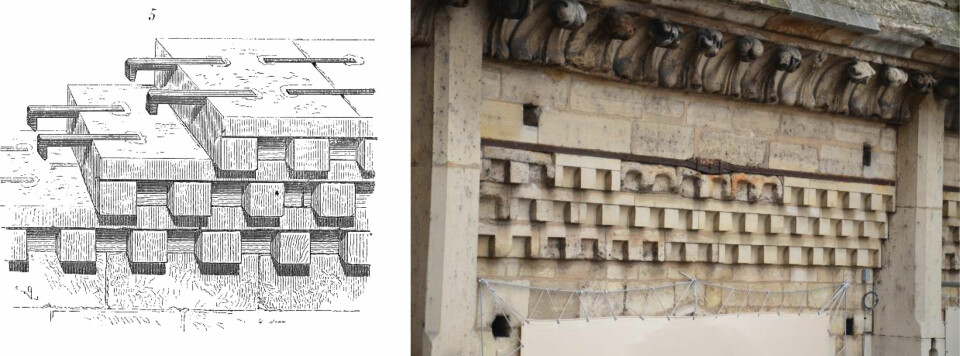 På tegningen til venstre kan du se hvordan jernstifter ble brukt til å holde steinblokket sammen, samt et bilde av hvordan det ser ut til høyre. Dette er en del av kirken der alteret og koret befinner seg.