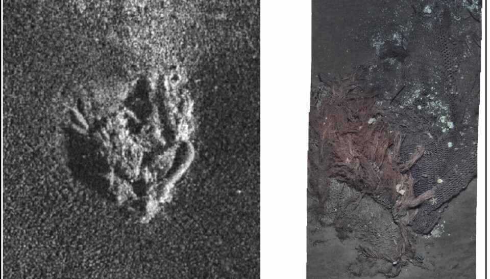Vi oppdaget et merkelig objekt på HiSAS-data (bildet til venstre) som vi ikke ble helt kloke på, selv om vi hadde våre mistanker. Heldigvis kan AUV-en også ta høyoppløselige bilder av havbunnen: Her ser vi en tapt not som en uheldig fisker har mistet en gang i tiden. Heldigvis gikk ikke Munin i garnet!