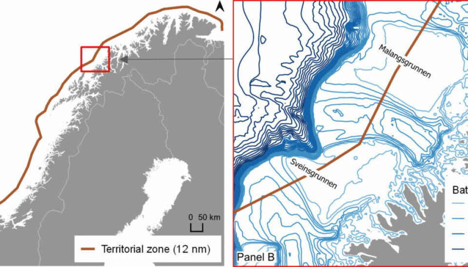 The first image on this map shows the 12-mile boundary north of the 62nd parallel. The second image shows how important spawning and fishing areas, such as Malangsgrunnen and Svensgrunnen, are located both inside and outside the 12-mile boundary.