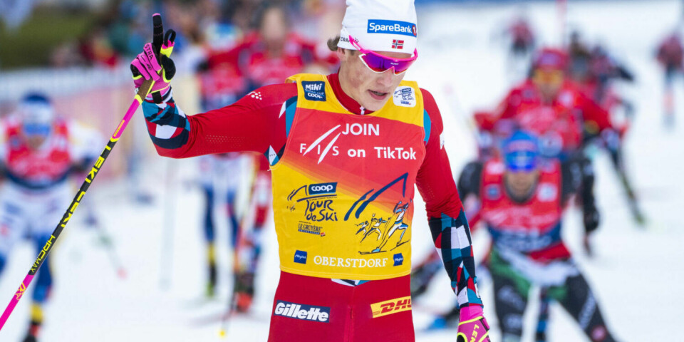Norwegian skier Johannes Høsflot Klæbo crossing the line to win the men’s 20-kilometre pursuit race at Oberstdorf.
