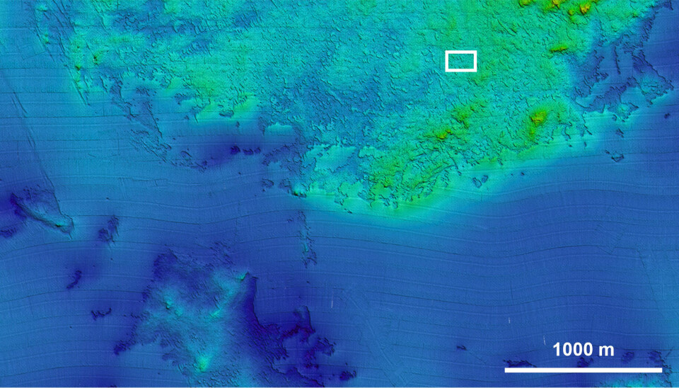 I toppen av bildet er sanden erodert bort, og morenen som ligger under er synlig på havbunnen. Den lille firkanten viser hvor sonarbildet i neste figur er lokalisert. Bølgende, vannrette striper er støy fra dybdedataene.