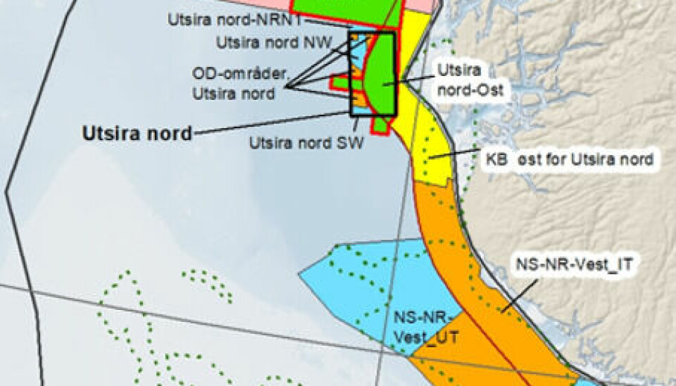 Oversiktskart, som viser havvindområdene Utsira Nord og Sørlige Nordsjø II, og områdene som er blitt kartlagt av Mareano i påsken (NSJ1 og KB øst for Utsira Nord - gule felt).