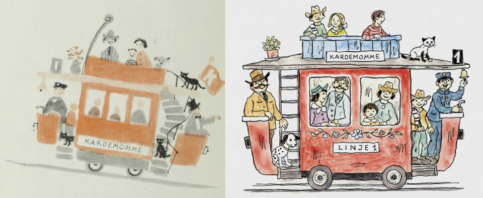 Til venstre: Trikketur i Kardemomme by i 1955. Til høyre: samme turen i 1980-utgaven av boka.