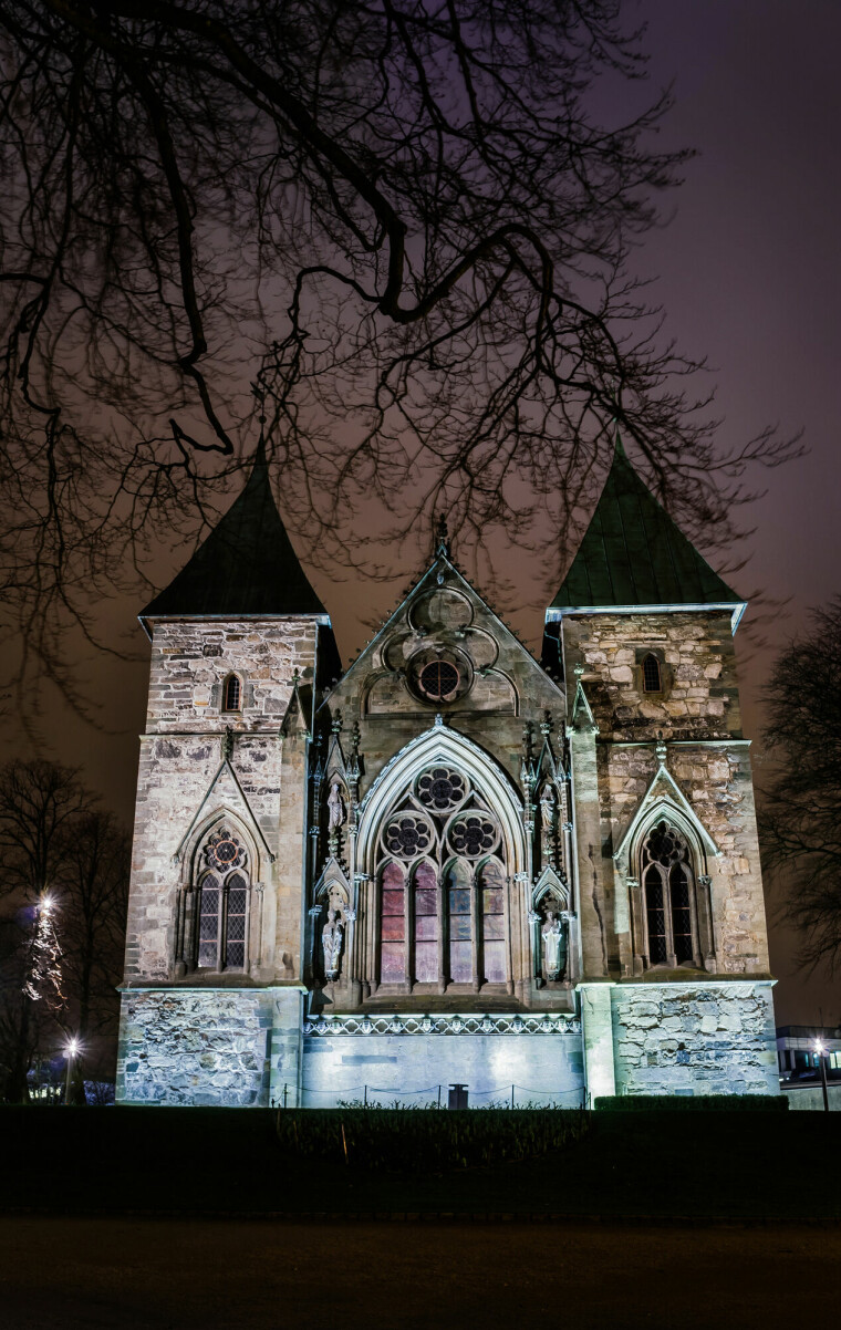Stavanger,Domkirke,Cathedral,At,Night,Nicely,Lit.,Dark,Gothic,Cityscape.