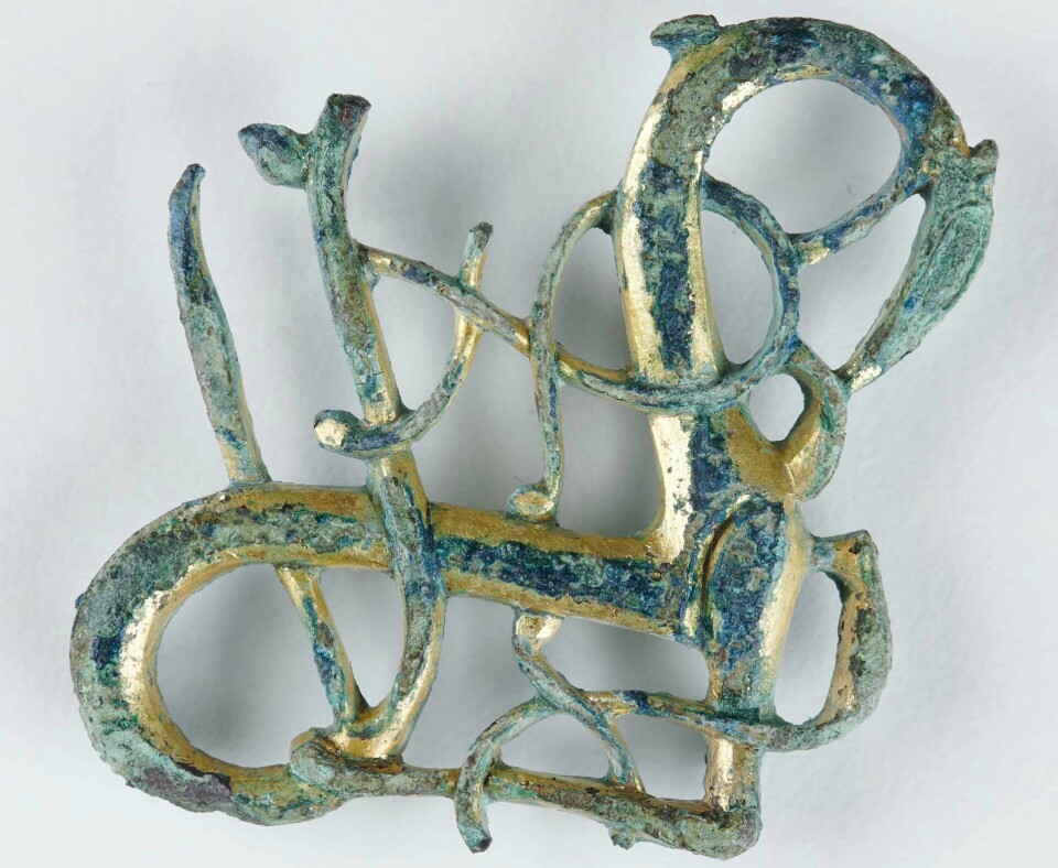 Dette vakre eksemplaret av en urnesspenne fra 1000-tallet ble funnet i matjorda ved en utgraving i Stange i 2021. Forgyllingen dekket i sin tid hele spennen. Men forestiller det en løve eller en hest? Eller kanskje en drage?