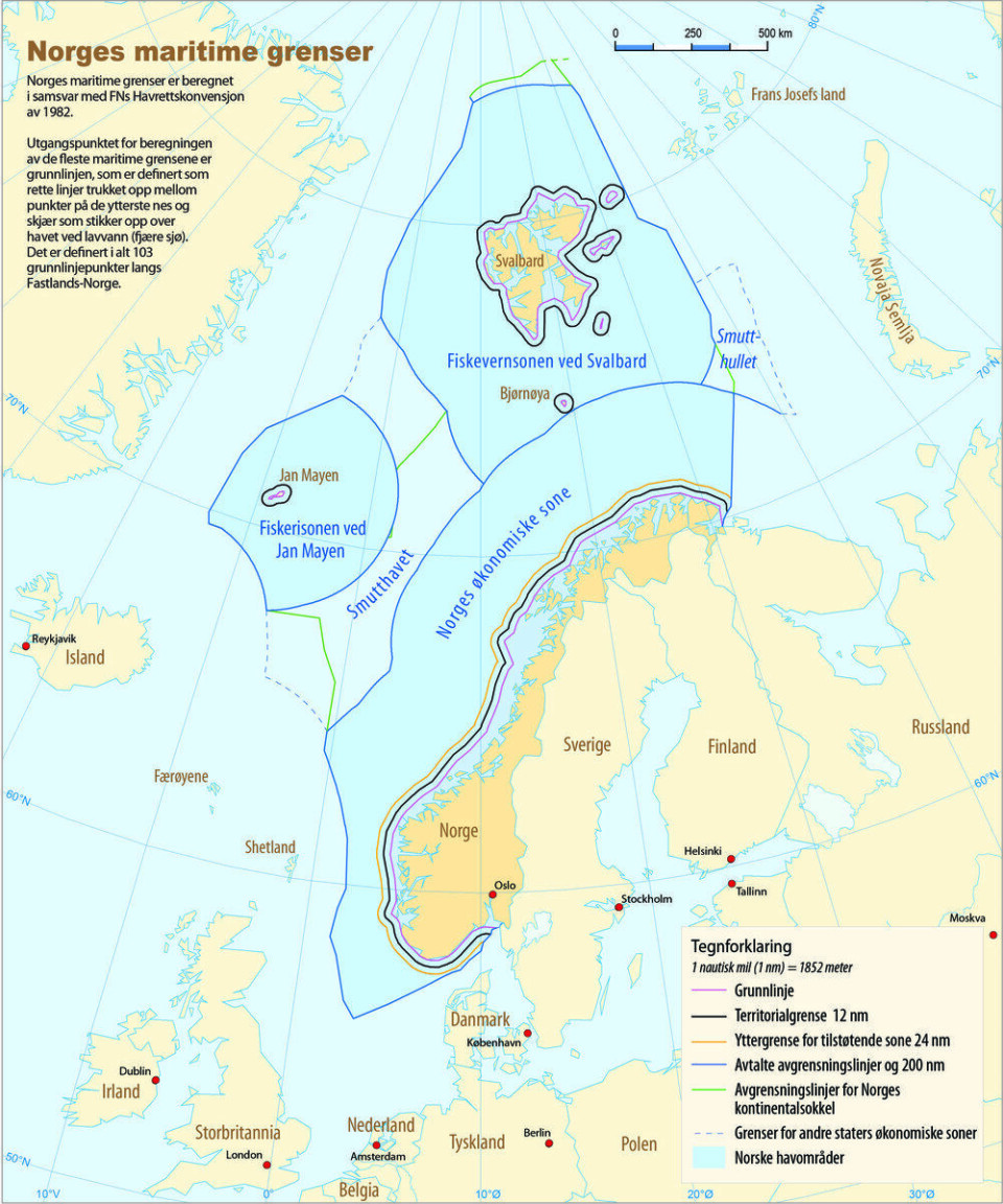 Slik ser den økonomiske sonen til Norge ut. Det er det ytterste blå feltet rundt kysten.