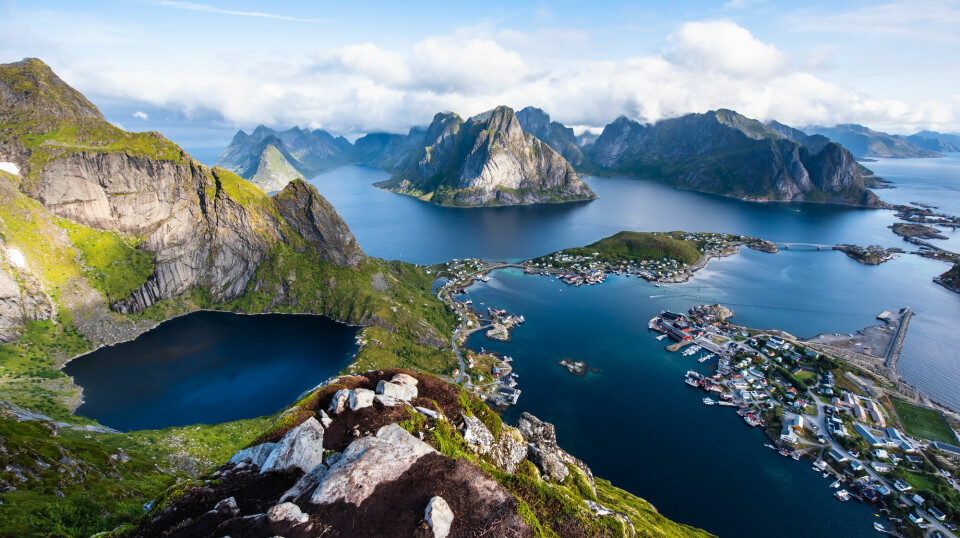 Reine,From,Reinebringen,view,On,Stunning,Mountains,Of,Lofoten,Islands,,Norway