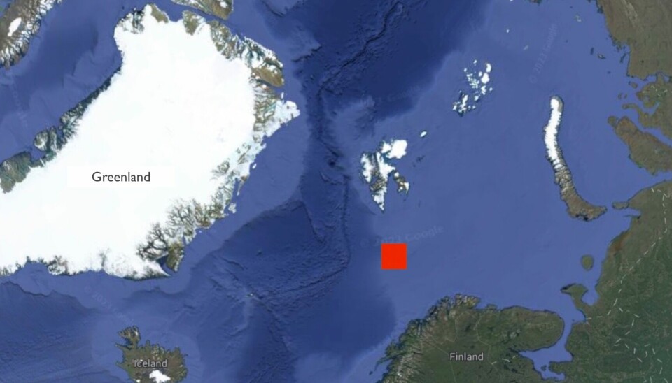 Kart over hvor vulkanen ble oppdaget sør for Bjørnøya.