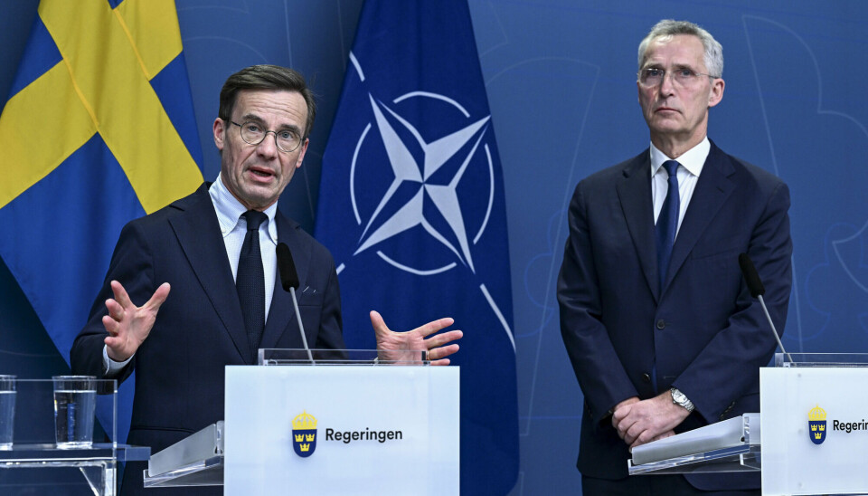 Sveriges statsminister Ulf Kristersson og NATOs generalsekretær Jens Stoltenberg diskuterer Sveriges vei inn i Nato på en pressekonferanse i Stockholm i mars i år.