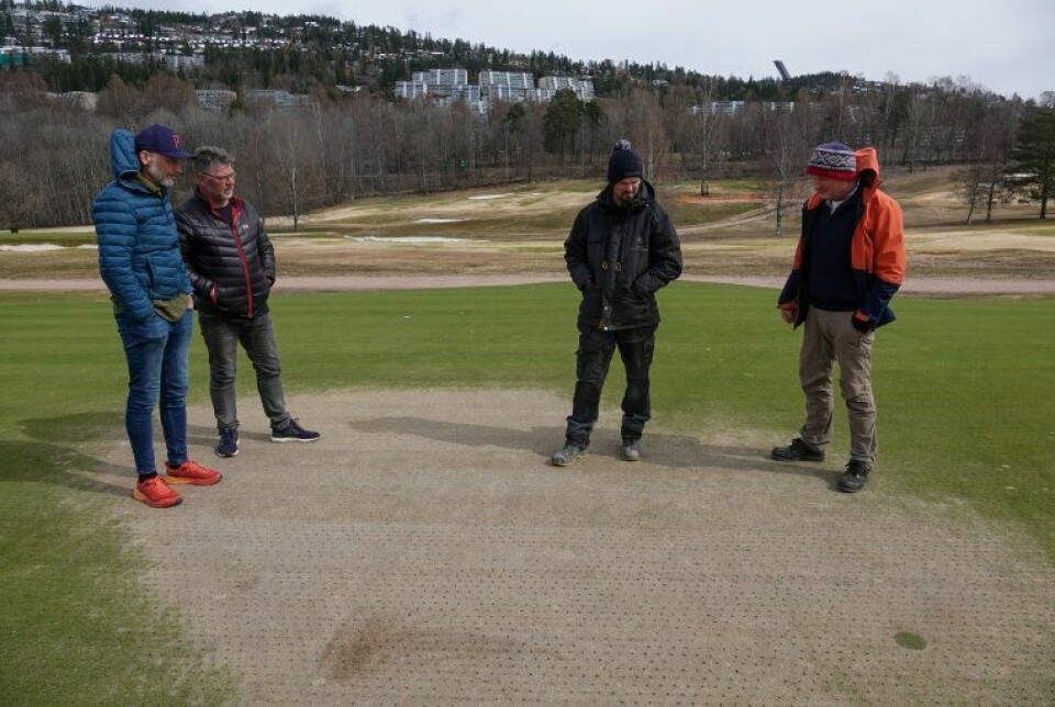 Årsaken til dødt gress er ikke alltid enkel å forklare. På Oslo Golfklubb hadde alle greener i spill god overvintring, men på denne øvingsgreenen som ikke hadde vært dekket gjennom vinteren, var det et område med is og vannskade.
