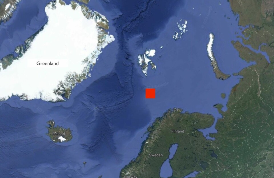 Map of where the volcano was discovered south of Bear Island in the Barents Sea.