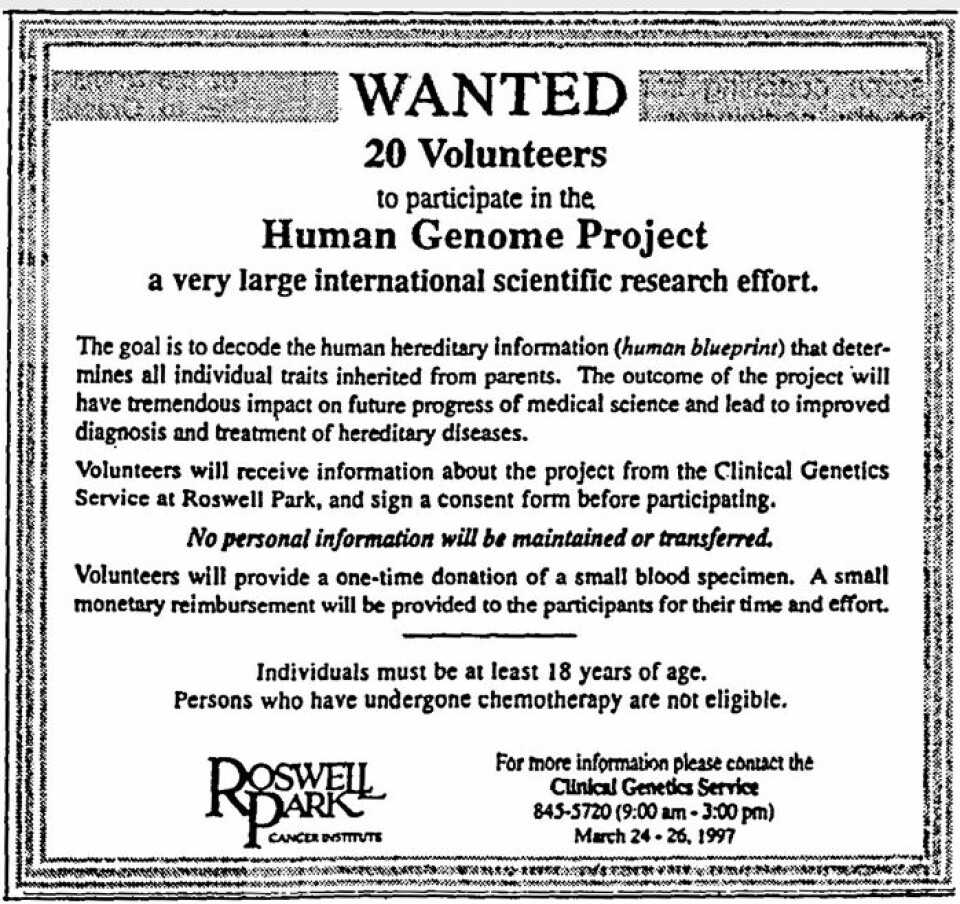 En annonse fra 1997 i en avis i Buffalo i New York som rekrutterer frivillige til å gi blodprøver og DNA til The Human Genome Project.