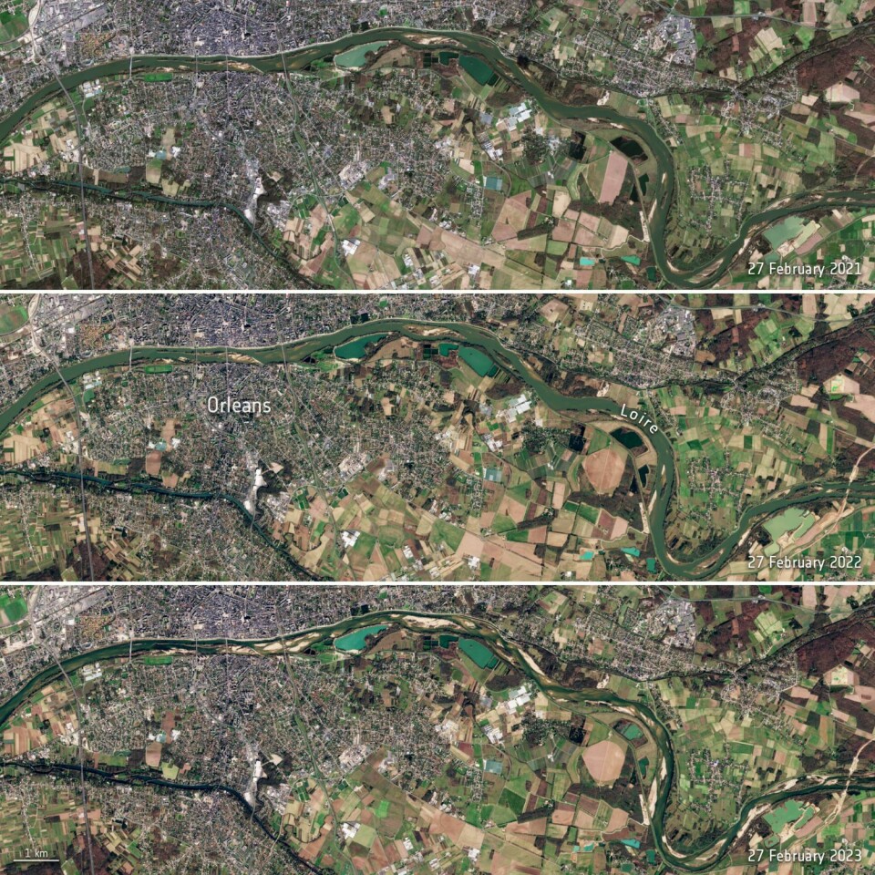 Vannføringen i elven Loire i Frankrike i februar 2023 sammenliknet med i 2022 og 2021, sett av satellitten Sentinel-2.