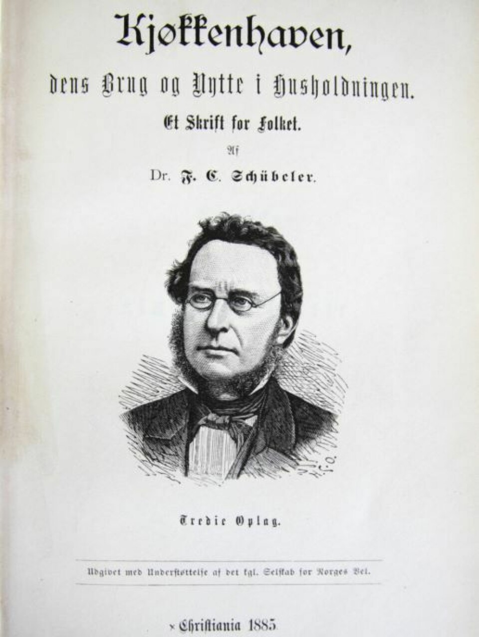 Boken 'Kjøkkenhaven, dens Brug og Nytte i Husholdningen. Et Skrift for Folket', utgitt i 1865 av Cappelens Forlag.