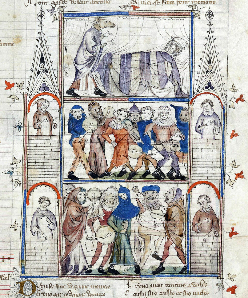 Scene med musikk fra en illustrert bok fra 1300-tallet.