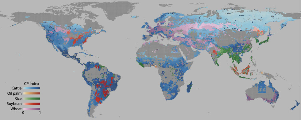 The map shows the land use and conservation priority index for major agricultural commodities. The grid cells are coloured according to the dominant crop grown, and the intensity of the colour, from lighter to darker shades, indicates the conservation priority of each cell.