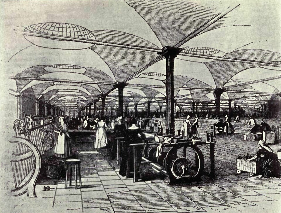 Illustrasjon som viser en lin-fabrikk i Leeds fra 1800-tallet.