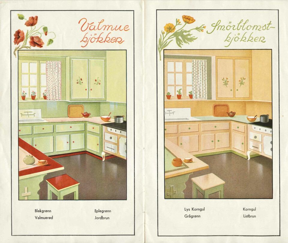 I mellomkrigstiden reklamerte malingsprodusenten Alf Bjercke for at man skulle male selv. Her en serie med fargeforslag markedsført som Blomsterkjøkken.
