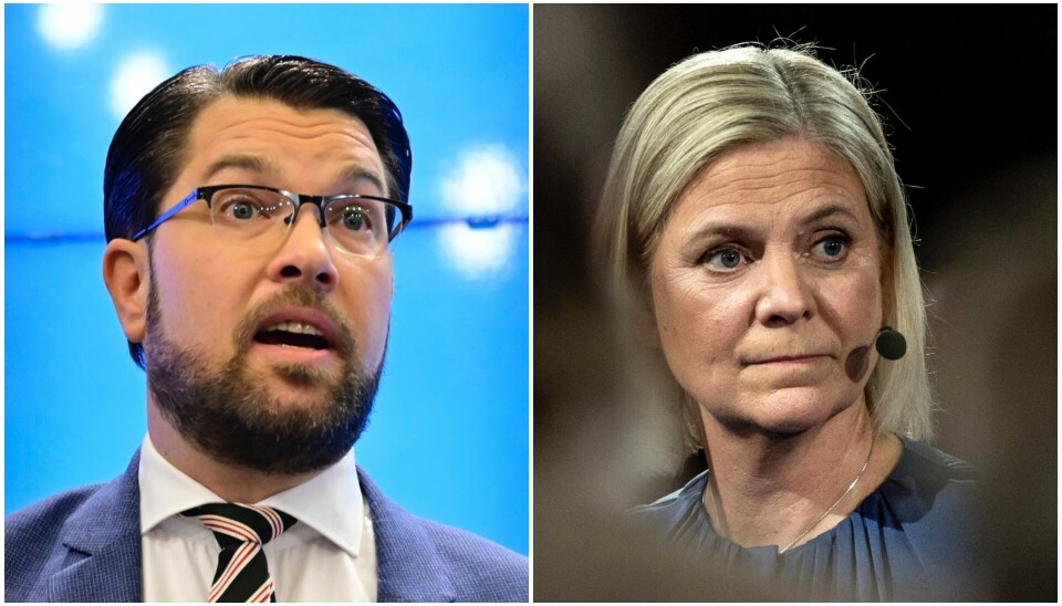 Jimmie Andersson og Sverigedemokraterna er støtteparti for den borgerlige svenske regjeringen. Magdalena Andersson og de svenske Socialdemokraterna får nå 35 prosent oppslutning i meningsmålinger, de beste målingene partiet har hatt på over ti år.