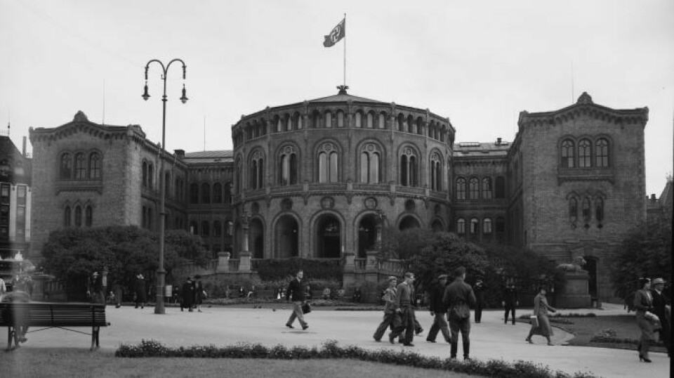 The Norwegian parliament with the flag of Nazi Germany.