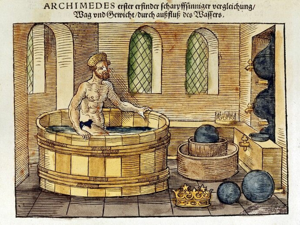 Eureka! Den greske vitenskapsmannen Arkimedes skal ha oppdaget prinsippet for oppdrift da han tok seg et bad.