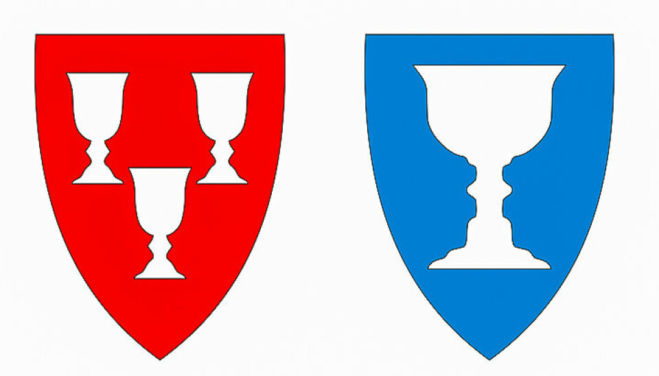 To av kommunene som har kommunevåpen med antydninger til vase-ansikter: Jevnaker (til venstre) og Gildeskål.