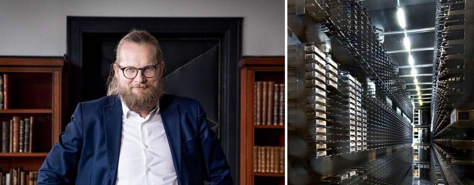 Nasjonalbibliotekar Aslak Sira Myhre og digitalt sikringsmagasin, som mellom anna rommar radioarkivet.