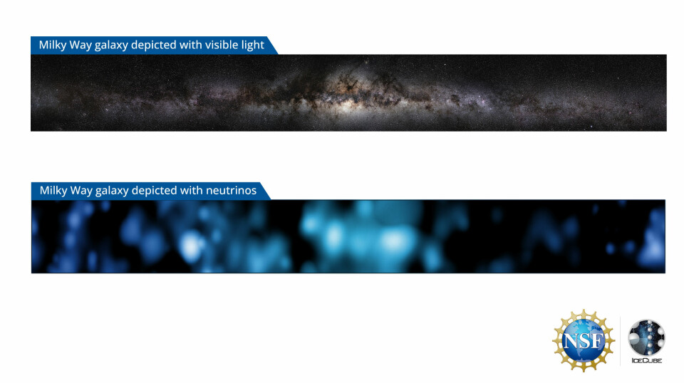 Øverst ser du et bilde av Melkeveien lagd av lys. Nederst er et bilde lagd av nøytrinoer.