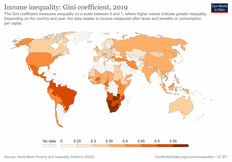 Kartet viser ulikhet i verden basert på Gini-verdi. Lyse farger representerer lav ulikhet og mørke farger høy ulikhet.