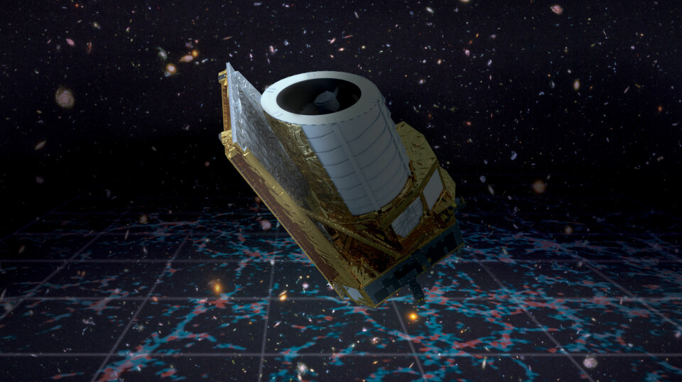 Illustrasjonen viser Euclid-teleskopet. I bakgrunnen ser vi et realistisk dypt bilde av universet, der de lysende flekkene er galakser. I bunnen er en illustrasjon av det kosmiske nettverket, tråder med galakser, gass og usynlig mørk materie.