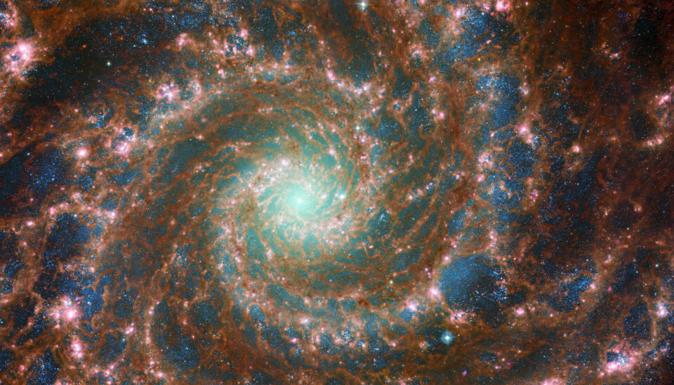 Denne galaksen er uvanlig fordi den viser så mange stadier av stjernenes liv. Den består av støv i rødt og oransje, de unge stjernene strekker seg gjennom armene i galaksen og ser mer blå ut, mens de eldre stjerne er nærmere sentrum og er mer grønnfargede. De rosa stjernene lengst ut er nye stjerner som er i ferd med å fødes.