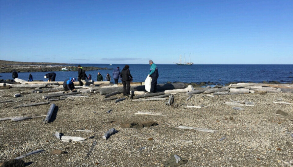 En strand på Svalbard der turister plukker plast og tar prøver fra bakken.
