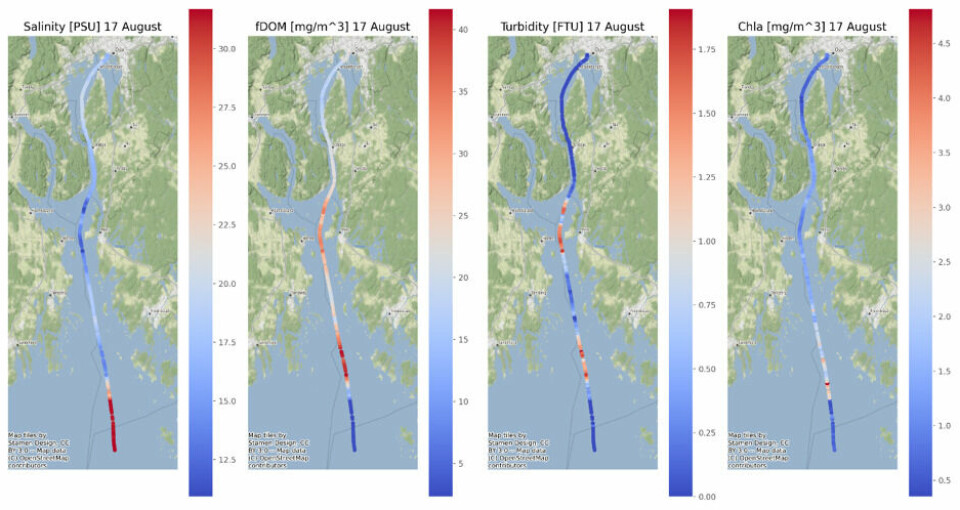 Vannprøvene fra 17. august viste blant annet at det i ytre Oslofjord ved utløpet av Glomma var betydelig lavere saltholdighet og uvanlig høye verdier av organisk materiale og partikler.