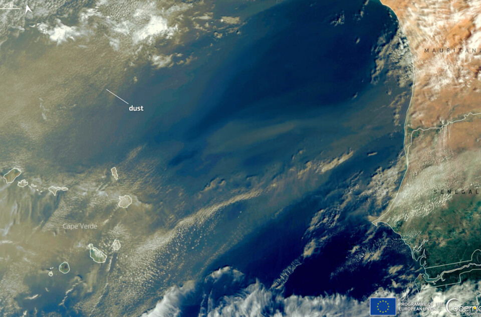 De siste årene har det blitt mindre støv i atmosfæren. Bildet er et modifisert satellittfoto og viser en støvsky over Kapp Verde utenfor Afrika.