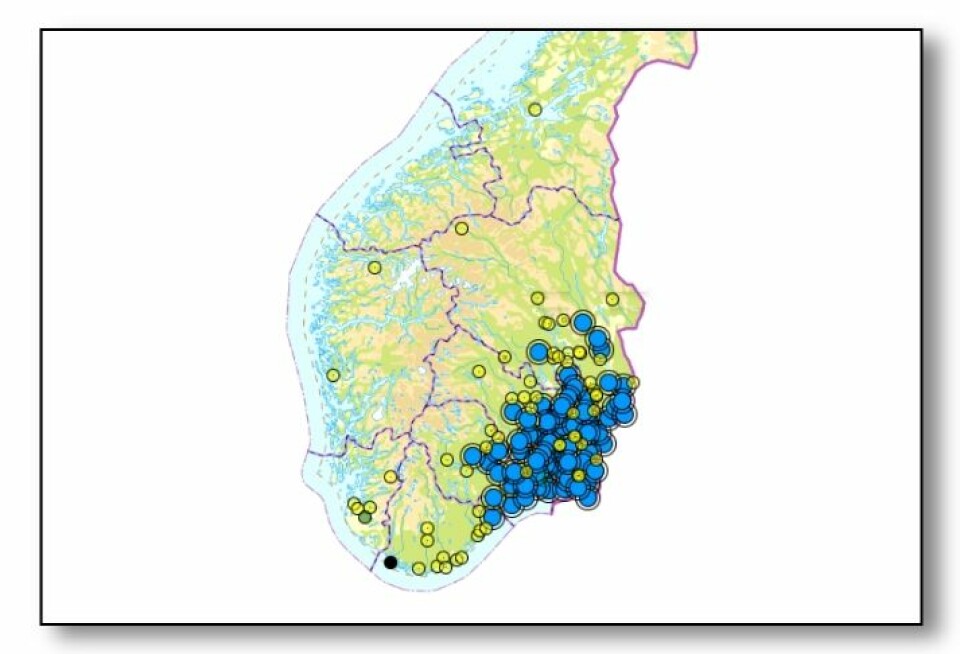 Kartet viser meldte observasjoner av geithams til Artsdatabanken (artsobservasjoner.no) i 2023. Blå bobler viser flere observasjoner på samme sted.