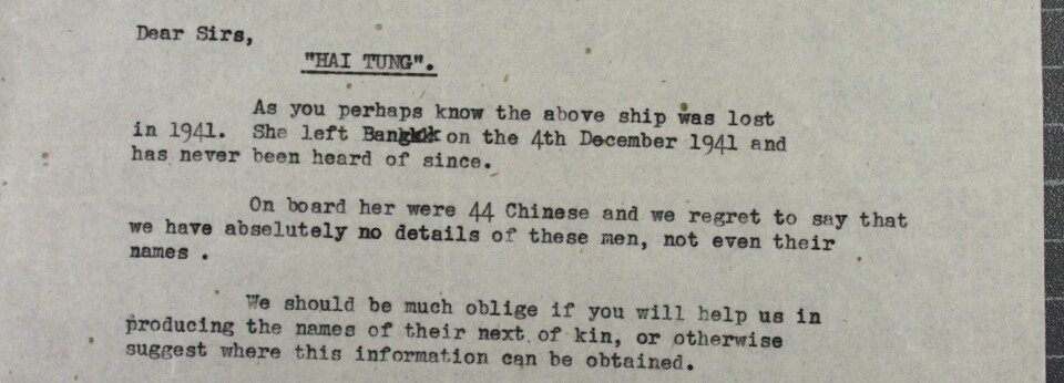 Utdrag av brev fra Nortraship til et shippingfirma i Hongkong der de ber om hjelp om å finne familiene til navnløse kinesiske sjøfolk.
