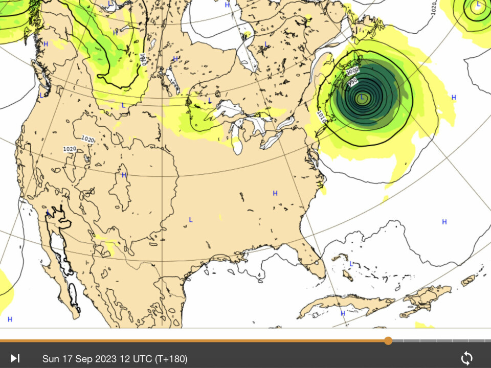 Prognosen fra ECMWF for orkanen 'Lee', beregnet en uke fram i tid. (Bilde: ECMWF).