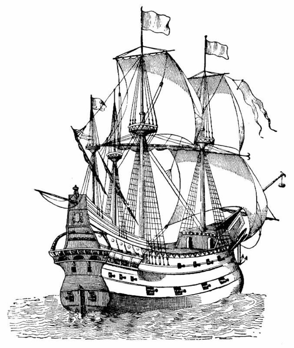 Kanskje så skipet med kanonen slik ut? Dette er en illustrasjon av en gallion, som er et tre- eller firemastet seilskip med råseil. Illustrasjonen er fra 1890 og ble publisert i The Story of the Barbary Corsairs i det amerikanske forlaget G.P. Putnam's Sons.