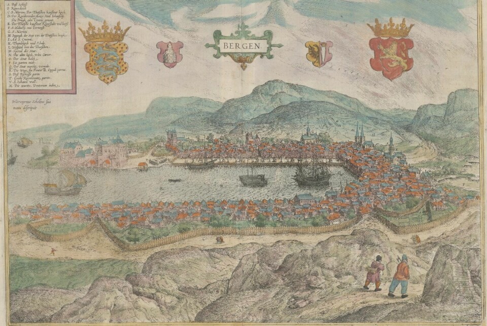 «Scholeusstikket» er en illustrasjon av Bergen fra 1590. Den øverste delen som viser Bryggen i Bergen og Vågen, er representativ for hvordan byen så ut på 1300 og 1400-tallet.