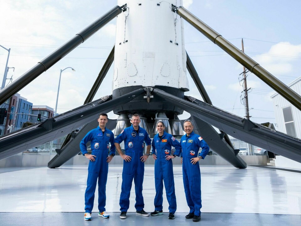 Andreas Mogensen (nr. 2 fra venstre) ble skutt opp til romstasjonen 25. august 2023 med en Falcon 9-bærerakett.