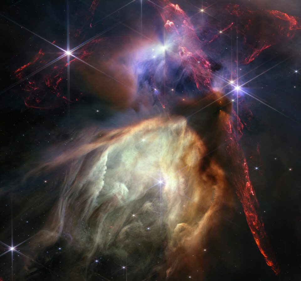 Skyen på dette bildet fra James Webb-teleskopet kalles Rho Ophiuchi. Det er et flerstjernesystem – eller enklere sagt: en fødestue for stjerner.