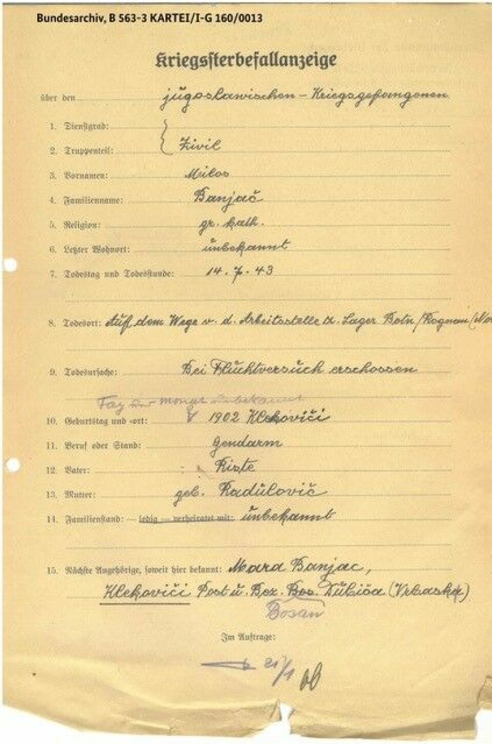 Tyskerne var nøye med å registrere alle fangene i et arkiv. Her er Milos Banjac registrert med dødsdato 14.7.1943. Han er skutt i et fluktforsøk, står det.