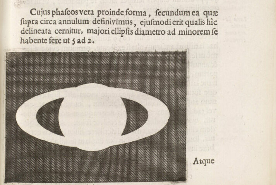 Slik så Christiaan Hyugens Saturn gjennom sitt teleskop. Boka er fra 1659.