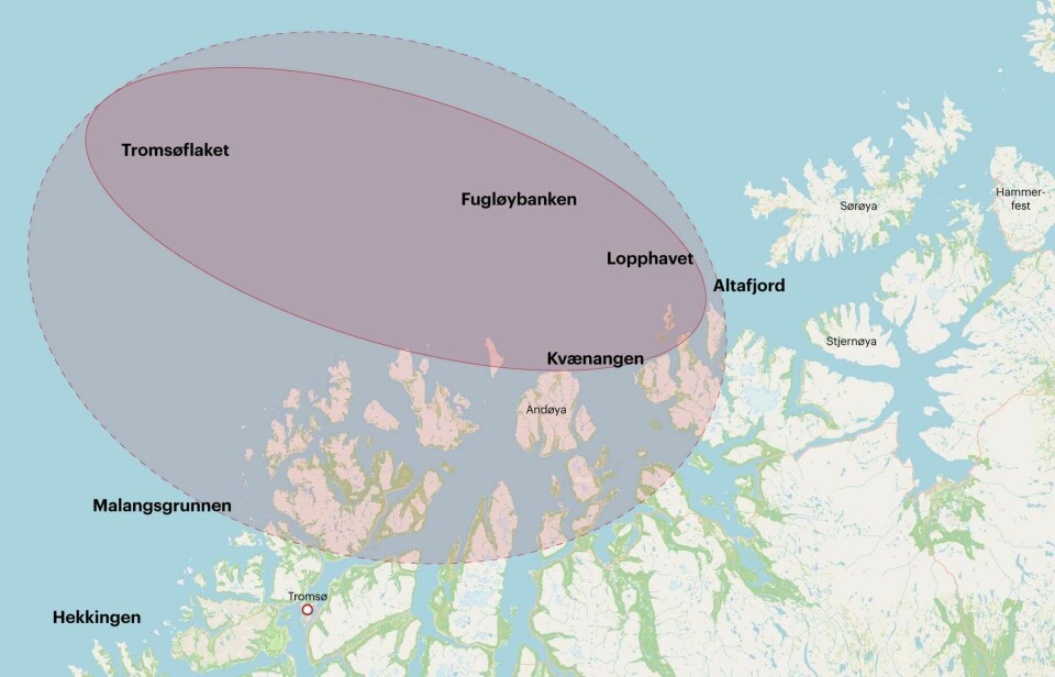 Testene vil foregå i Lopphavet, Fugløybanken, Tromsøflaket og Nordvestbanken. Den innerste sirkelen viser kjerneområdet, mens den stiplede linjen viser det ytre operasjonsområdet.