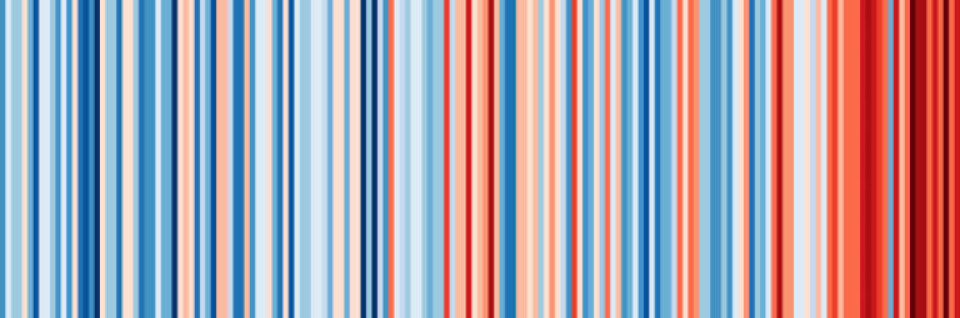Stripemodell som viser gjennomsnittstemperaturen i Norge fra 1901 til 2022. Hver stripe er ett år.